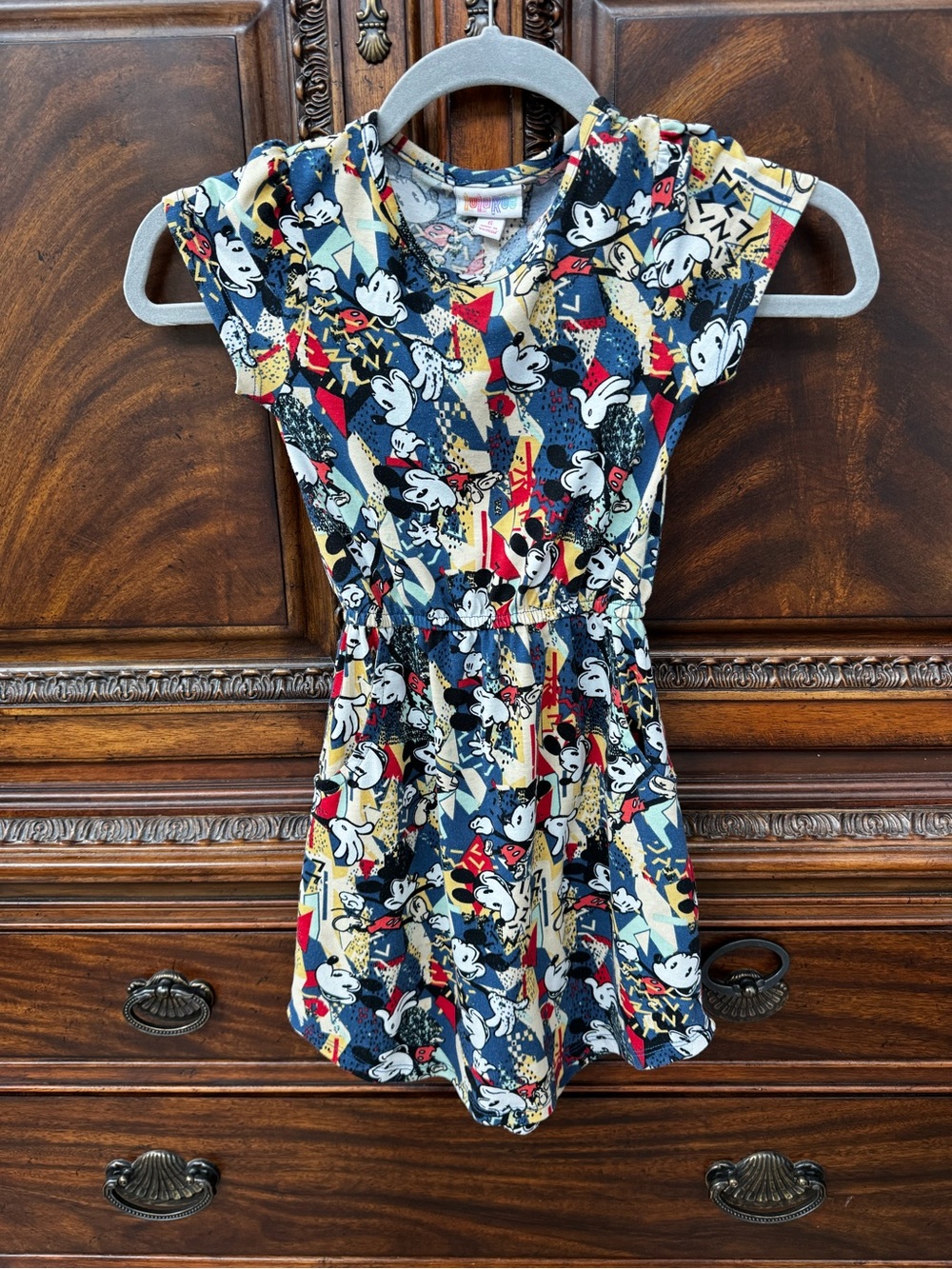 LuLaRoe Navy Mickey Graphic Print Dress with Red and Cream Accents